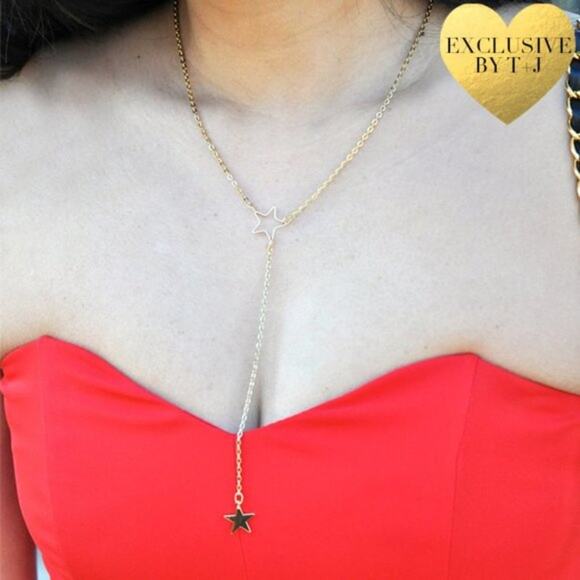 Silver Star Lariat Necklace 18k white gold plated metal T&J Designs minimalist - Picture 4 of 14